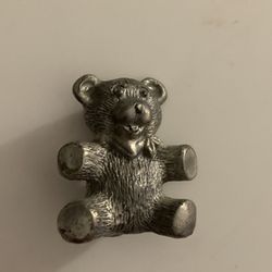 VINTAGE PEWTER TEDDY BEAR WITH BOW