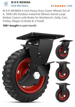 WEIBIDA 6 Inch Heavy Duty Caster Wheels Set of 4, 1800 LBS Outdoor Industrial Wheels Swivel Large Rubber Casters with Brake for Workbench, Dolly, Cart