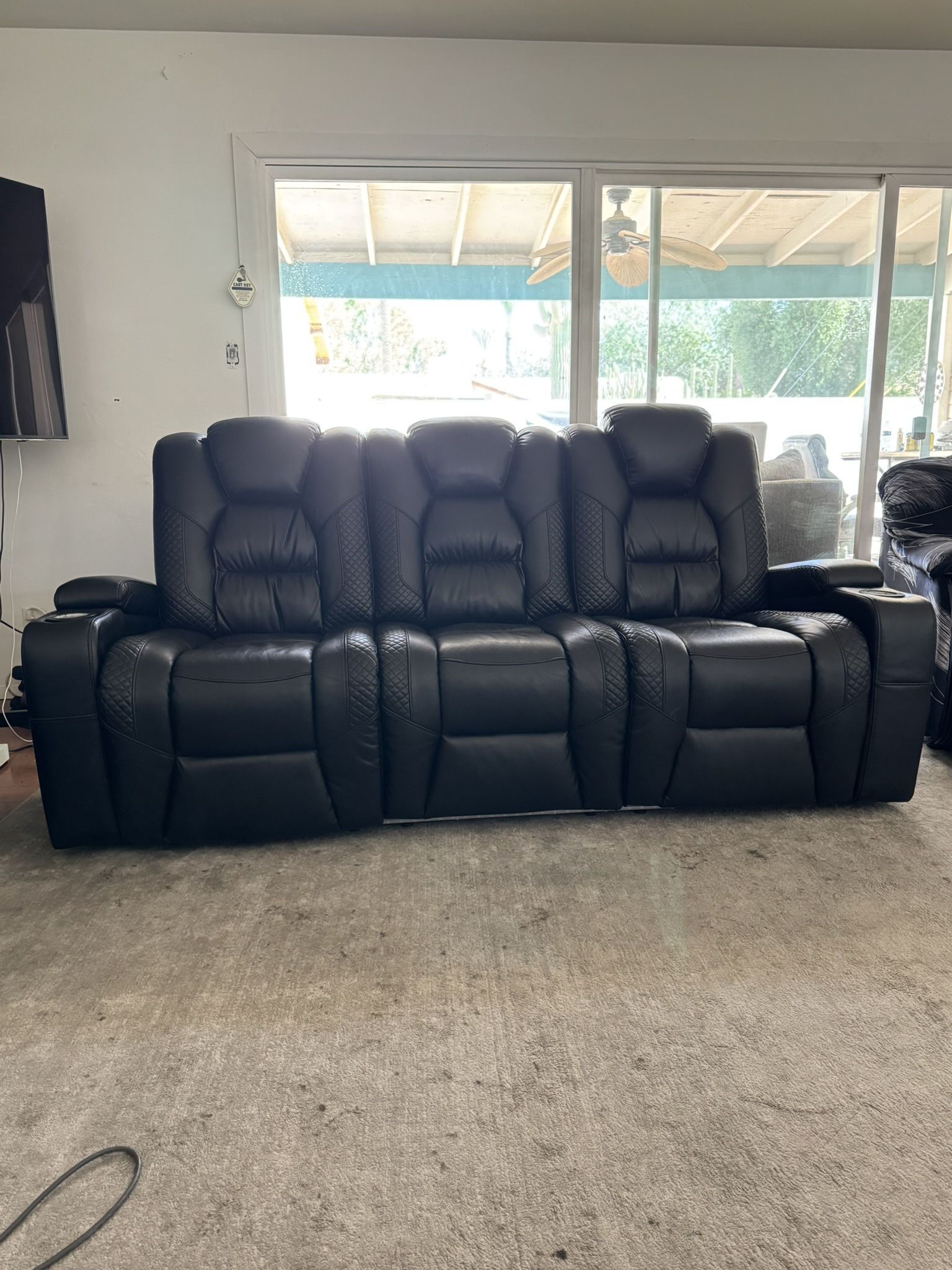 Black Leather Couch W/ Recliners And Cup Holders