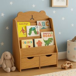 Bear Bookshelf for Kids Room – Wooden Book Organizer with Storage Drawers