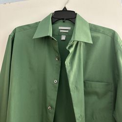 Van Heusen Lux Sateen Dress Shirt Mens 16 32/33 Fitted Green Long Sleeve