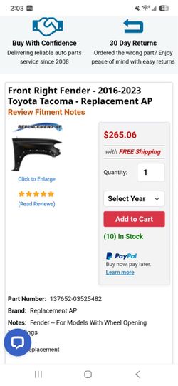2016-2025 tacoma right fender