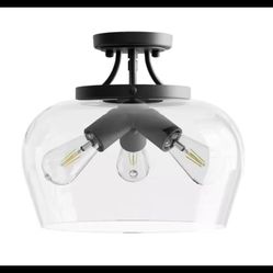 Merra 14 in. 3-Light Matte Black Semi-Flush Mount with Clear Glass Shade