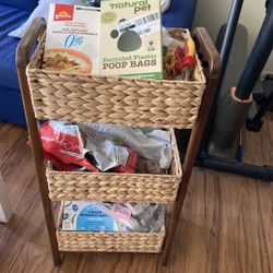 3-Tier Woven Basket Storage Rack – Wood & Wicker