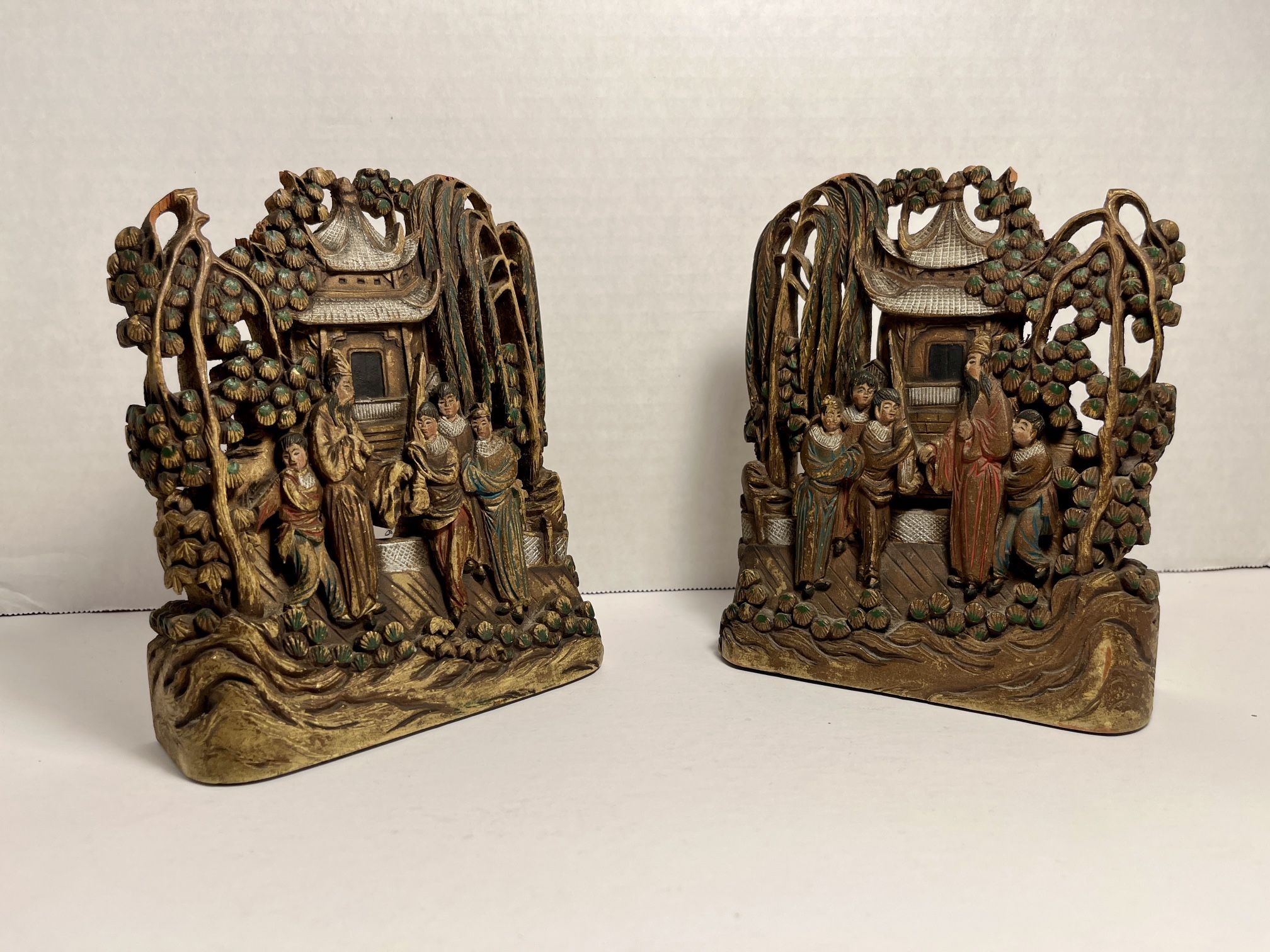 A Pair of Antique Late Qing Dynasty Chinese Handcarved Wood Bookends