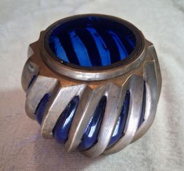 Vintage MCM Brutalist Tea Light Holder: Caged Cobalt Glass in Twisted Solid Brass Rings