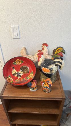 Cookie jar rooster , bowl , said and pepper shakers , rooster wall plaque