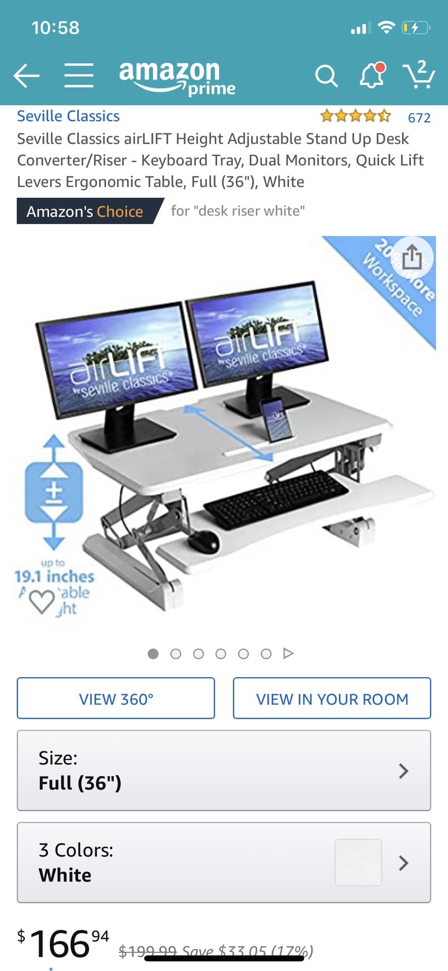 Seville Classics airLIFT Height Adjustable Stand Up Desk Converter/Riser - Keyboard Tray, Dual Monitors, Quick Lift Levers Ergonomic Table, Full (36"