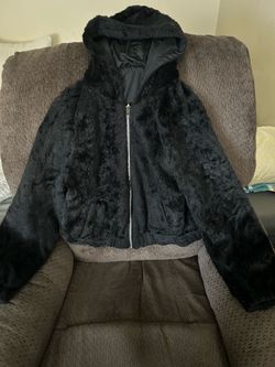 Black faux fur hooded jacket