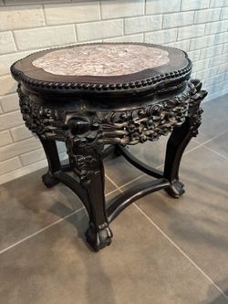 Antique Chinese wood end table with marble top