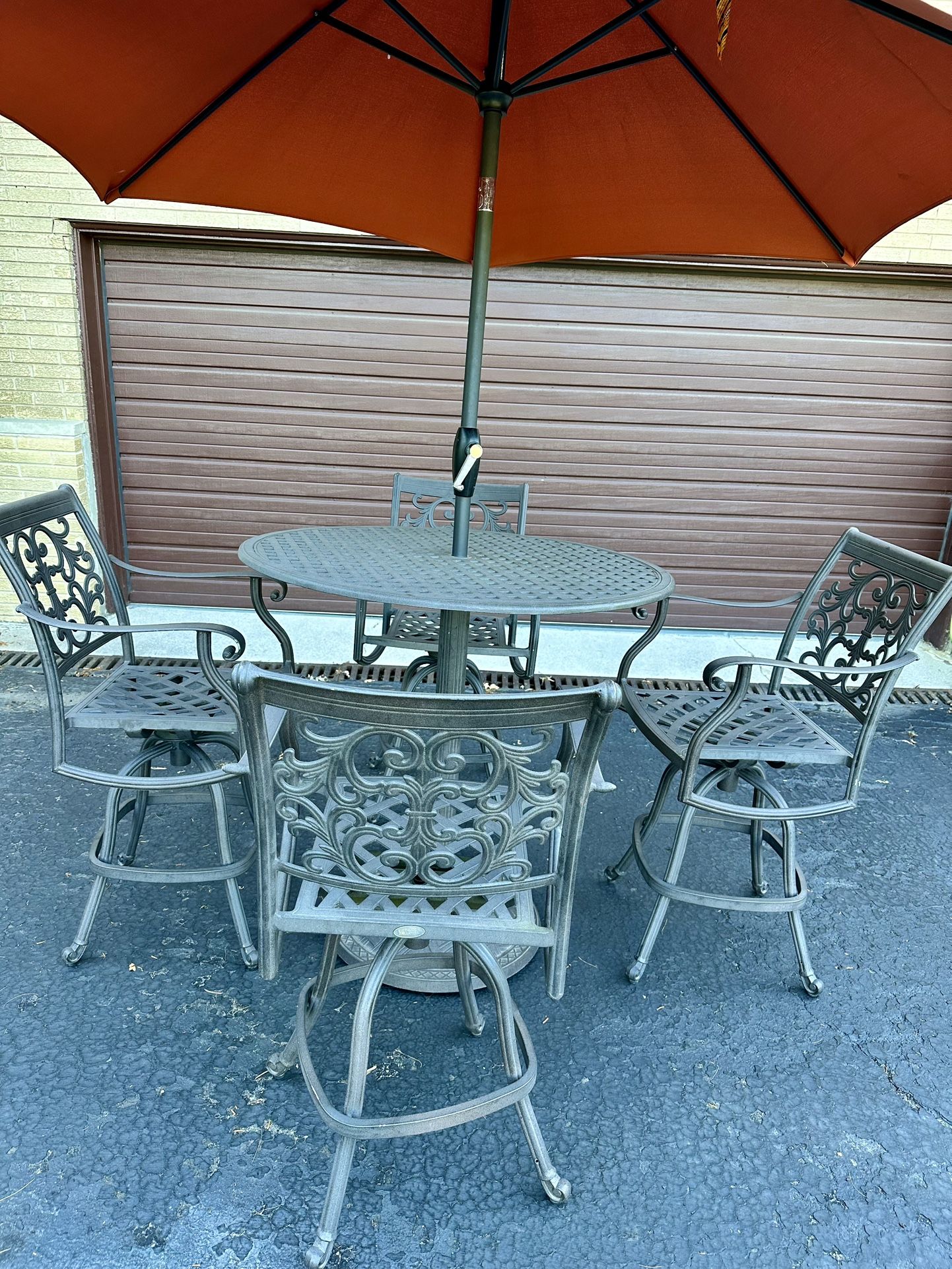 Cast Aluminum Patio Set, Free Local Delivery, Over $2000 When New, 42” Table With 4 Swivel Bar Height Stools, And Umbrella, High End Set,