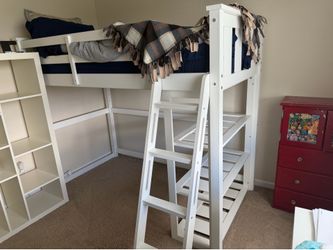 White Twin Over Twin Wooden Bunk Bed with Ladder & Under Storage - Good Condition