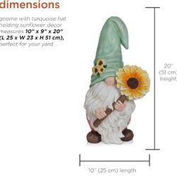 Alpine Corporation MCC842 Indoor/Outdoor Gnome Holding Sunflower Garden Statue, Charming Gnome Statue w/Hat, 21" H, Turquoise