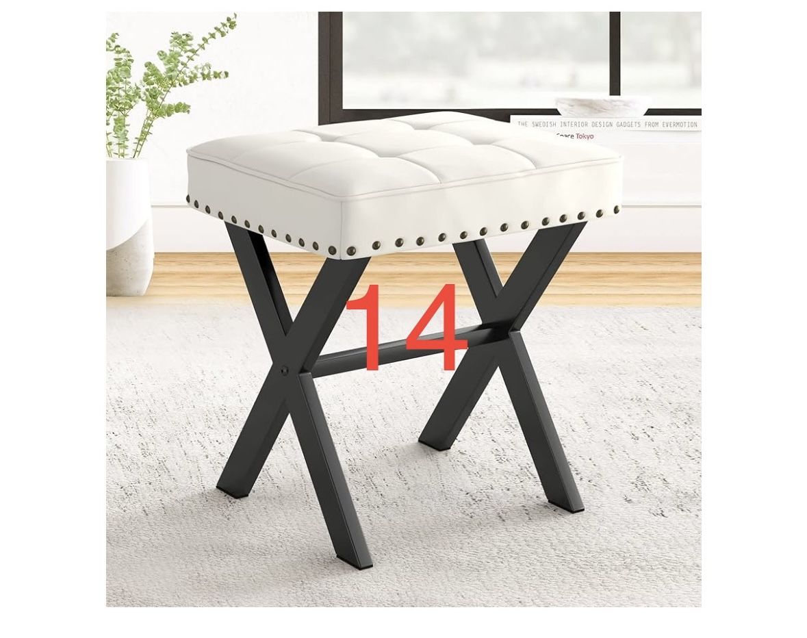 LUE BONA White Vanity Stool - Square Faux Leather Makeup Seat With Metal X Legs, Small Ottoman Chair for Makeup Room, Living Room, Bathroom - Padded F