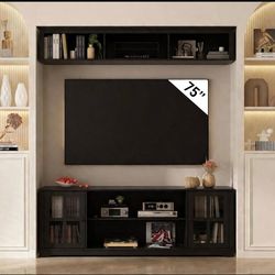Black Wooden TV Stand Fits TV's up to 75 in. with Open Shelves and Tempered Glass Door Cabinet