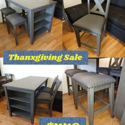 Super Deal 
Black Friday Sale 
5 Pcs Counter Height Dining
Table, 2 Stools, 2 Chairs
Solid Wood Grey
Side Shelves
$449 + Tax 
FREE LOCAL DELIVERY & SE
