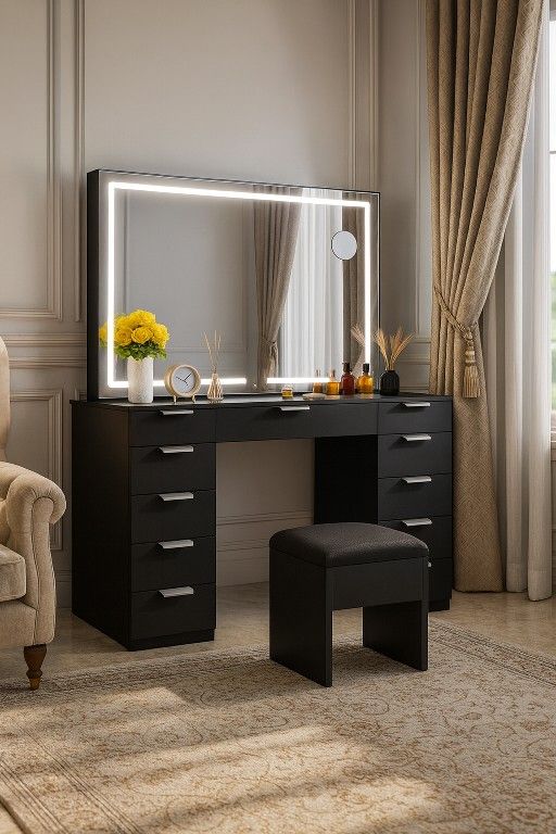 Vanity Desk with Large LED Lighted Mirror & Charging Ports, 11-Drawer Makeup Table Set with Storage Stool for Dressing Room, 3 Lighting Modes Brightne