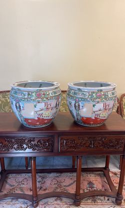 Set Of 2 X-large Vase Planter Fishbowl Chinese Famille Rose Porcelain Decorative