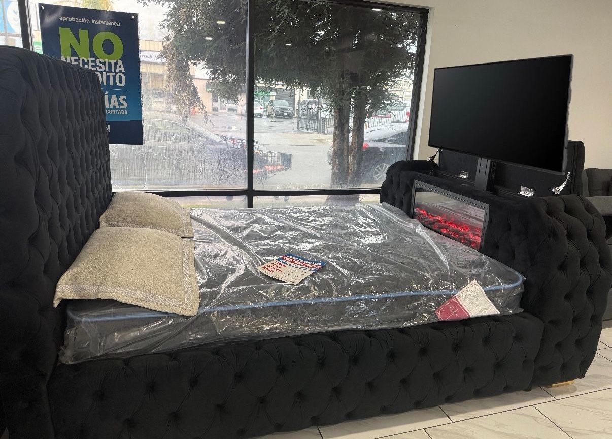 😴 NUEVA!! Cama Con Chimenea LED y Lift De Televisión EN CAJA 📦