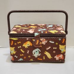Vintage Sawing Basket With Puppy Dogs Theme Printed Fabric