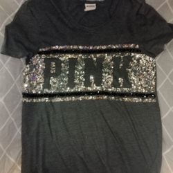 Grey Victoria's Secret PINK brand T-shirt with sequined PINK logo/Size large