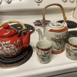 2 Teapots Teacups Floral China Japan Peony Satsuma Used