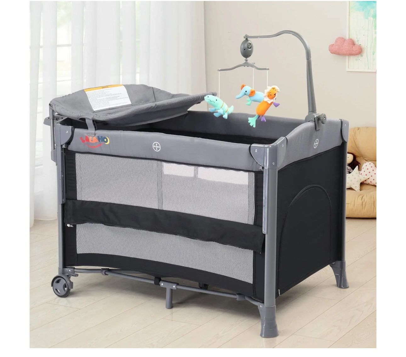 5-in-1 Pack and Play Baby Bassinet Bedside Crib Co Sleeper with Toys & Music Box, Mattress, Foldable Playard, Playpen Travel Bed Nursery Center for Gi