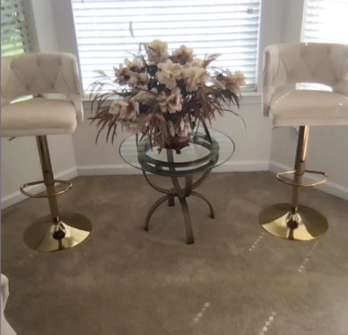Set of 2 Elegant Cream Swivel Bar Stools with Gold Base – Excellent Condition