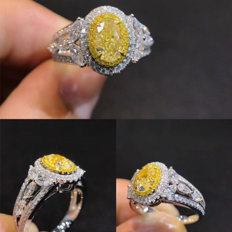"Noble Hollow Beautiful Oval Crystal Royal Yellow CZ Silver Ring for Women, L073
