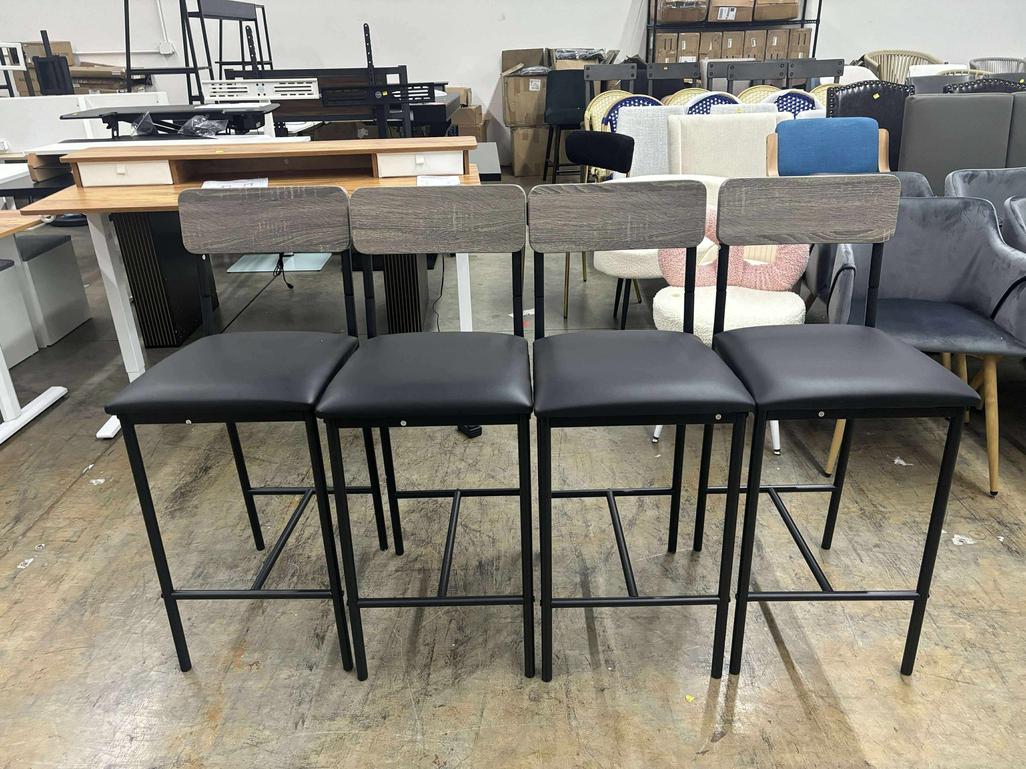 Bar Stools Set of 4 Kitchen with Footrest Grey Modern Contemporary Iron Wood Finish