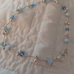 Vtg.sterling Silver OCEAN BLUE- Cat Eye Beads& Glass Beaded Anklet Bracelet