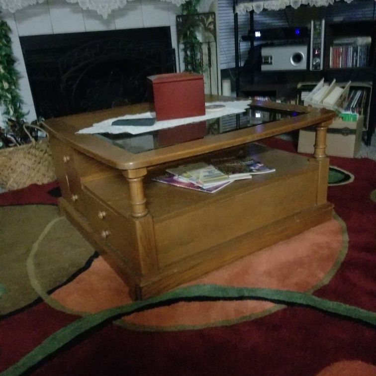 Coffee Table, Oak, Solid, Heavy, On Coasters
