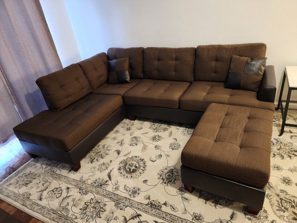 Brand New Brown Linen Sectional Sofa +Ottoman (New In Box) 