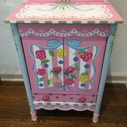 Children’s Pink Wood Jewelry Armoire Storage Cabinet 