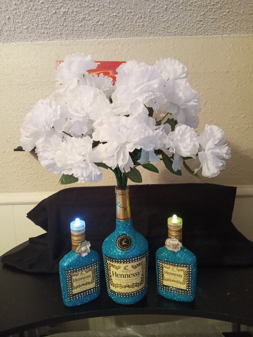 Teal Hennessey Bottle Vase Set With 2 LED Light