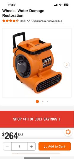 Shop RIDGID 1625 CFM 3-Speed, Portable AM2560 Air Mover Blower Fan with Collapsible Handle, Rear Wheels, Water Damage Restoration