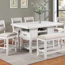 6 PIECE CHALK WHITE COUNTER HEIGHT DINING TABLE STORAGE WINE-RACK BENCH