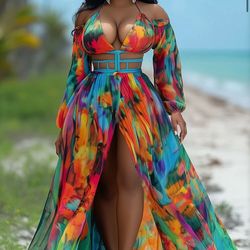 Multicolor Print Halter V Neck Cutout Slit Maxi Dresses-Green