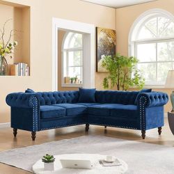 BRAND NEW🔥🔥🔥 Blue Velvet Sectional Sofa L-shape Button Tufted Corner Sofa Nailhead Rolled Arms Chaise Lounge Couch w/ Pillows for Living Room