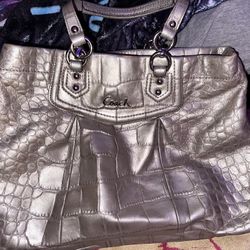 Coach Croc Pattern Metallic Silver Women's  Satchel shoulder bag 16x10.5x3.5"
