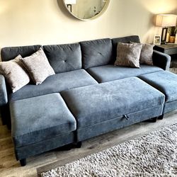 Modern Blue Sectional Sofa w/ Storage Ottoman – Multiple Setup Options