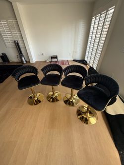 Set of 4 Black Velvet & Gold Adjustable Swivel Bar Stools