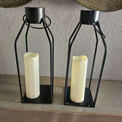 Black Metal Lanterns with Pillar Candles – Set of 2