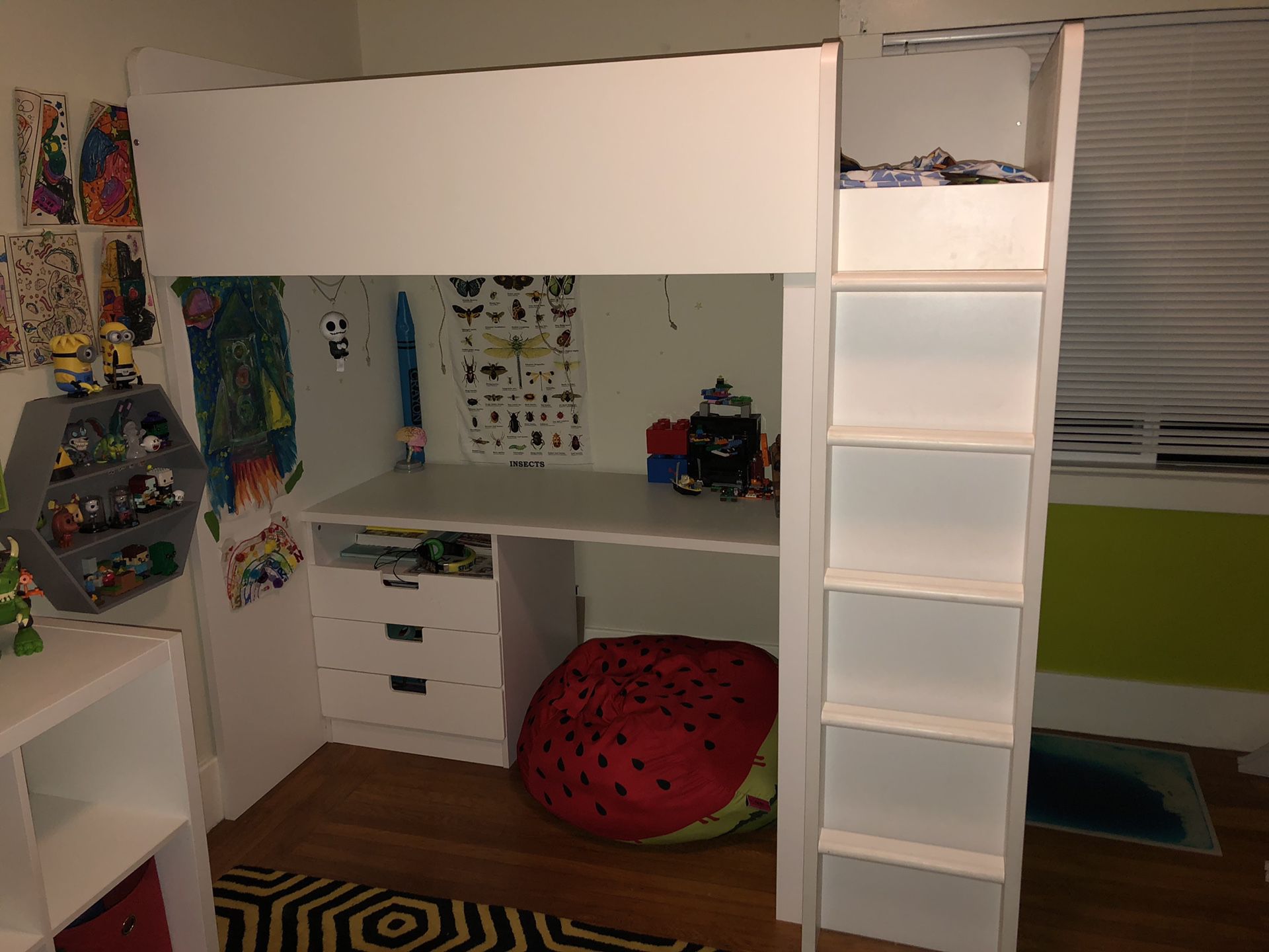 Ikea loft bed, closet and shelves and desk.