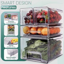 Brand New Fridge Drawer Organizer 4-Pack – Durable Modular Stackable Refrigerator Storage System with Strong Design for Efficient Kitchen and Pantry O