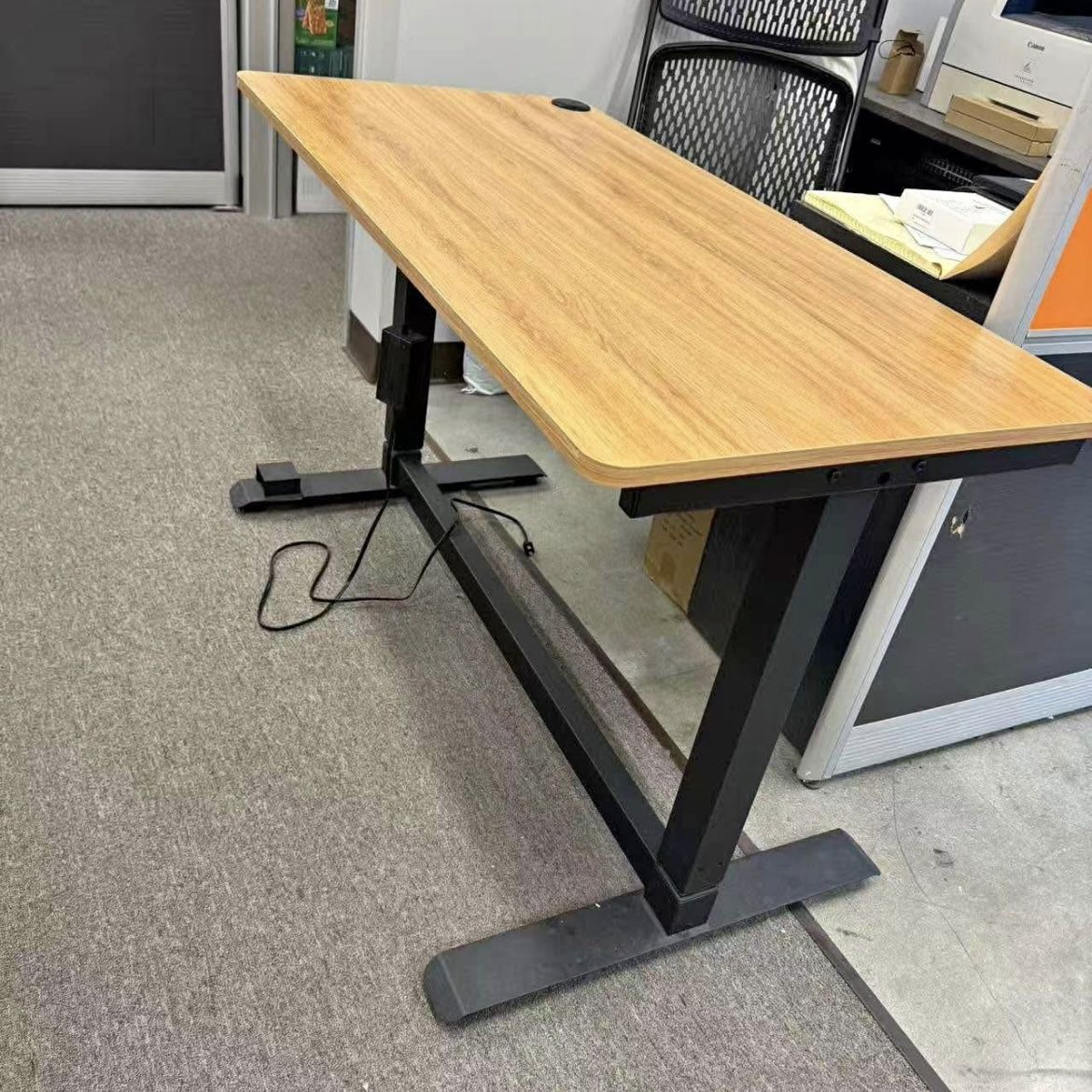 Height Adjustable Computer Desk Electric, 48 x 24 Inches, Black Frame Teak Tabletop