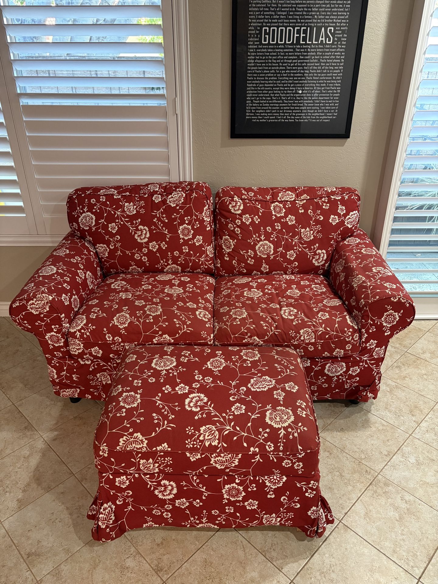 Red Floral 2 Seat Sofa With Matching Foot Rest