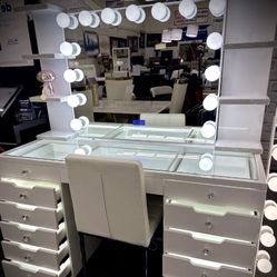 Glam Vanity 13 Drawers with Interior Lights, LED - Mirrored & 2 Shelfs (Included Chair) 