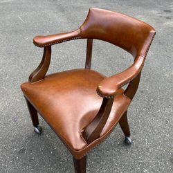 Antique Mid Century Wood Frame Leather Accent Armchair Club Chair