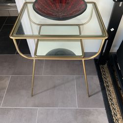 Mid Century Gold With Mirror Shelf Side Table 